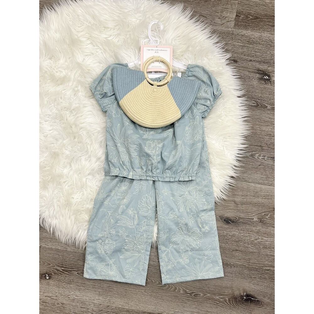 Cupcakes And Cashmere Dusty Blue Embroidered Breezy Summer Set 7/8 With Purse